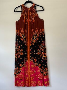 MSK Floral Halter Maxi Dress in Rust, Black & Pink size L